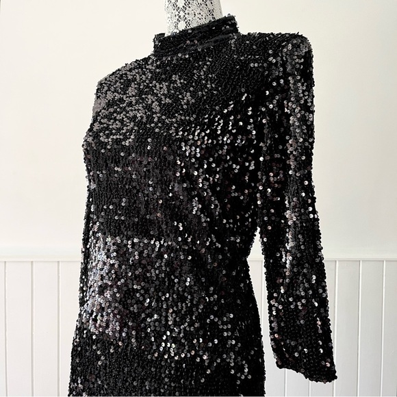 Zara Basic Black Mock Neck Open Back 3/4 Sleeve Sequin Mini Dress Size L - Picture 4 of 15
